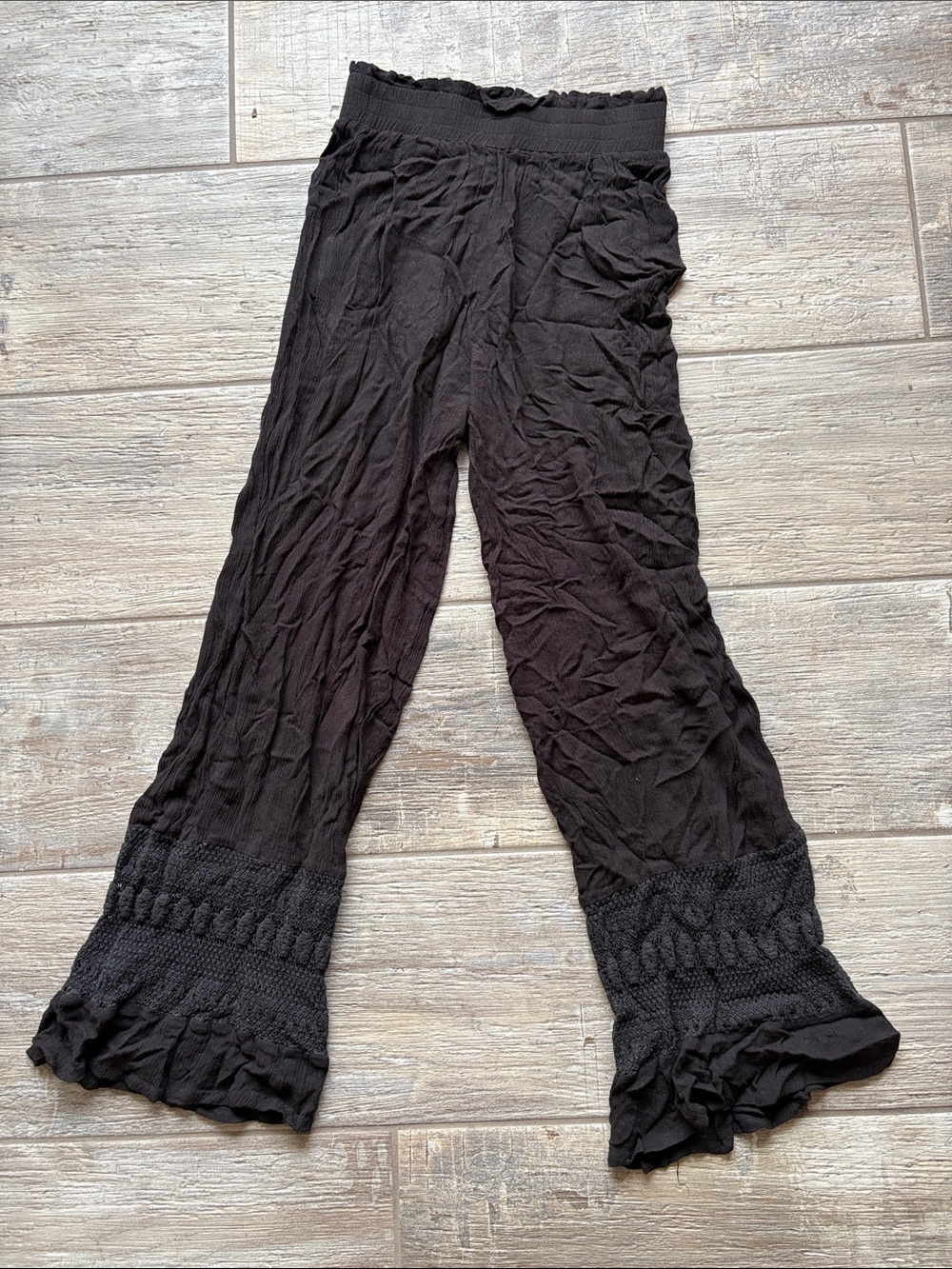 Black Smocked Ruffle Hem Wide Leg Pants